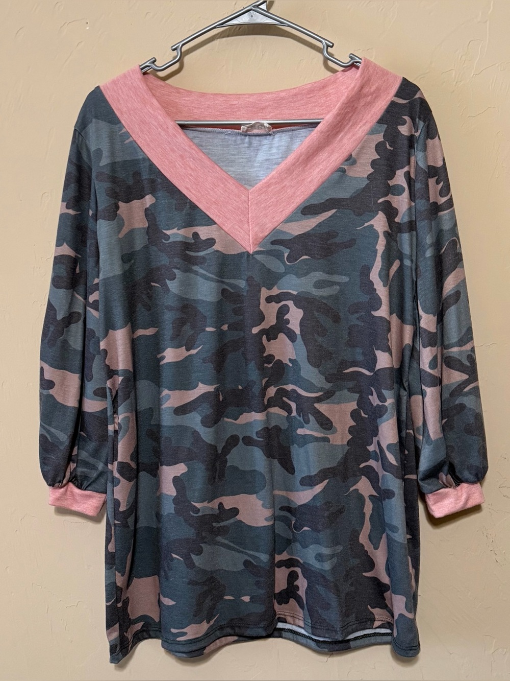 BiBi Pink Trim Olive & Gray Camo V-Neck Tunic